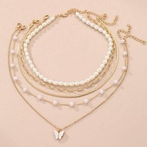 Butterfly And Pearl Gold Layered Necklace Set